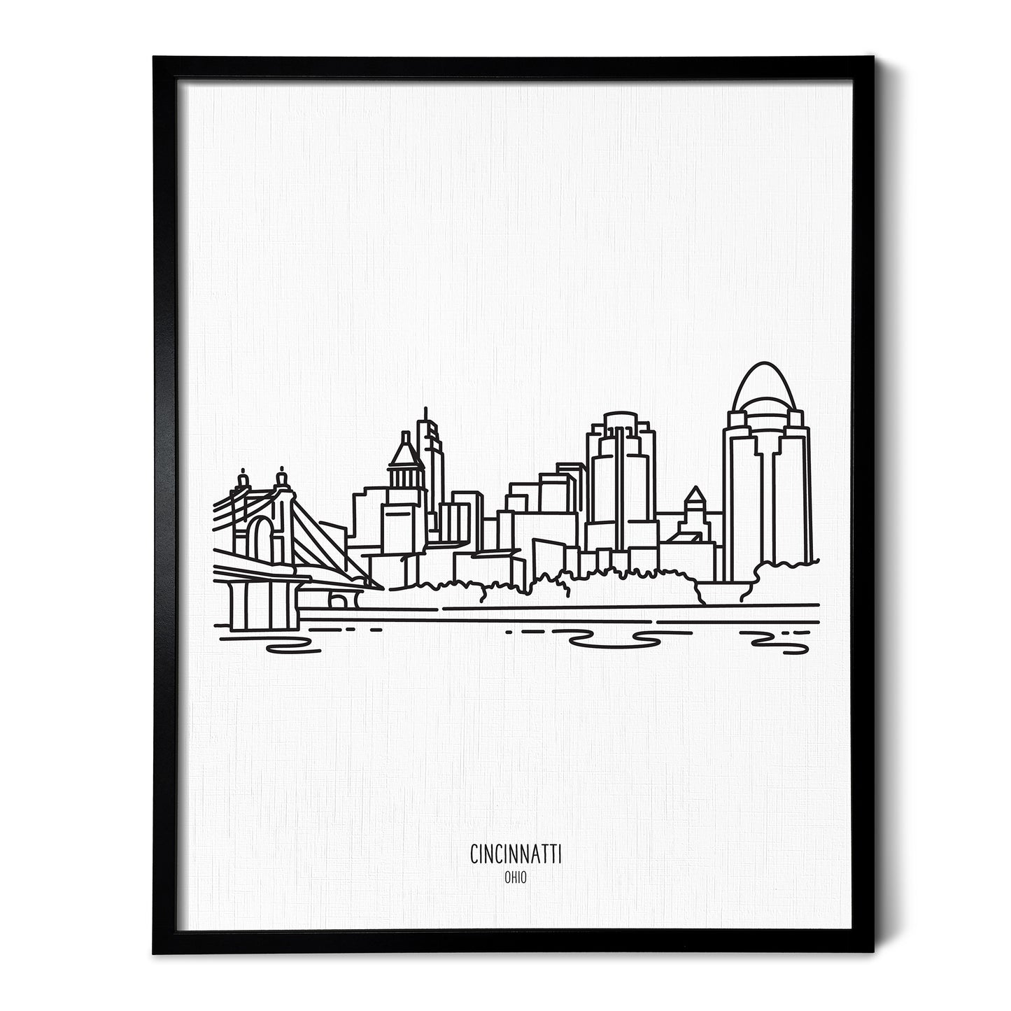 A line art drawing of the Cincinnati Ohio Skyline on white linen paper in a thin black picture frame