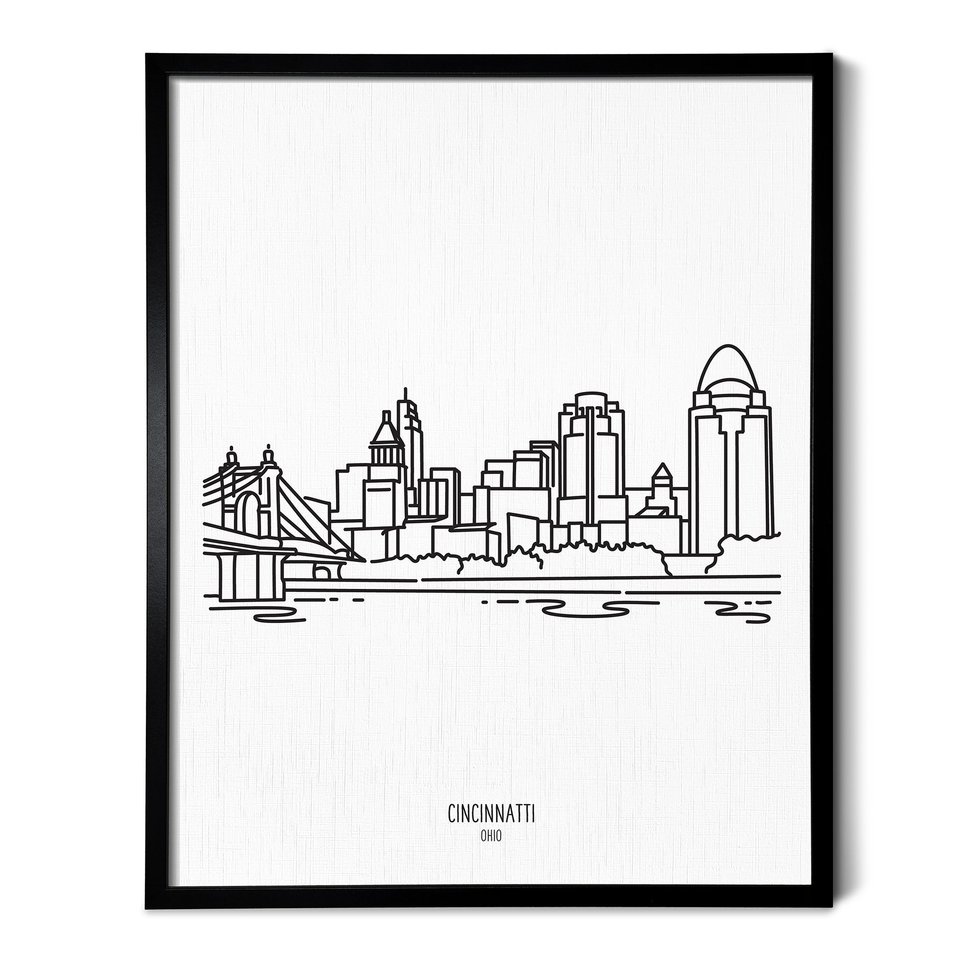 A line art drawing of the Cincinnati Ohio Skyline on white linen paper in a thin black picture frame