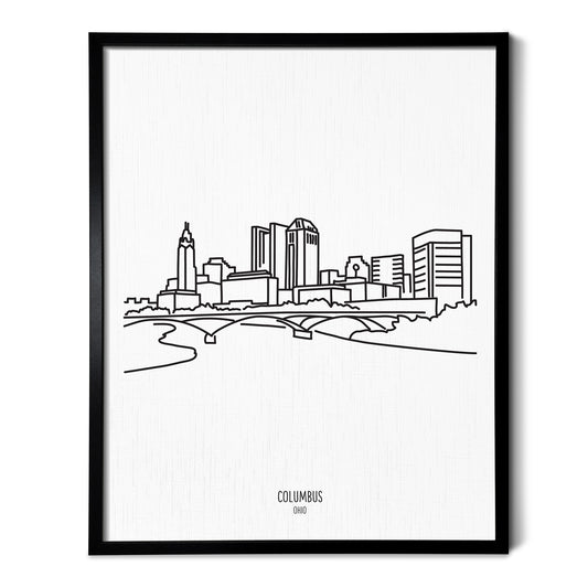 A line art drawing of the Columbus Ohio Skyline on white linen paper in a thin black picture frame