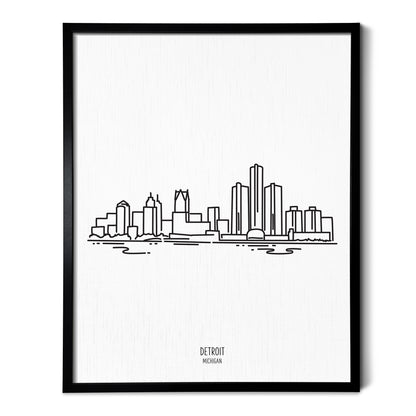 A line art drawing of the Detroit Michigan Skyline on white linen paper in a thin black picture frame