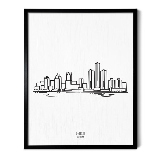 A line art drawing of the Detroit Michigan Skyline on white linen paper in a thin black picture frame