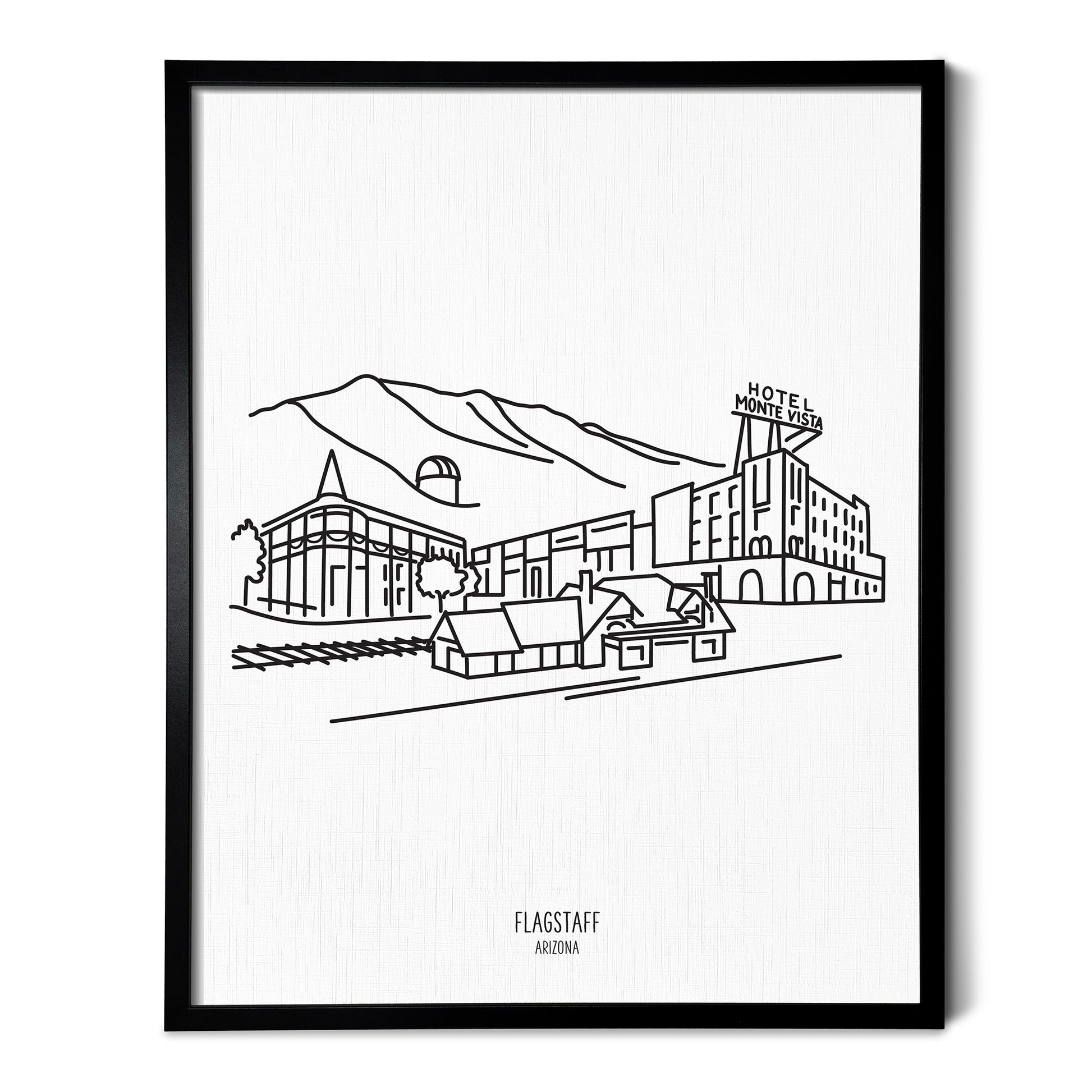 A line art drawing of the Flagstaff Arizona Skyline on white linen paper in a thin black picture frame