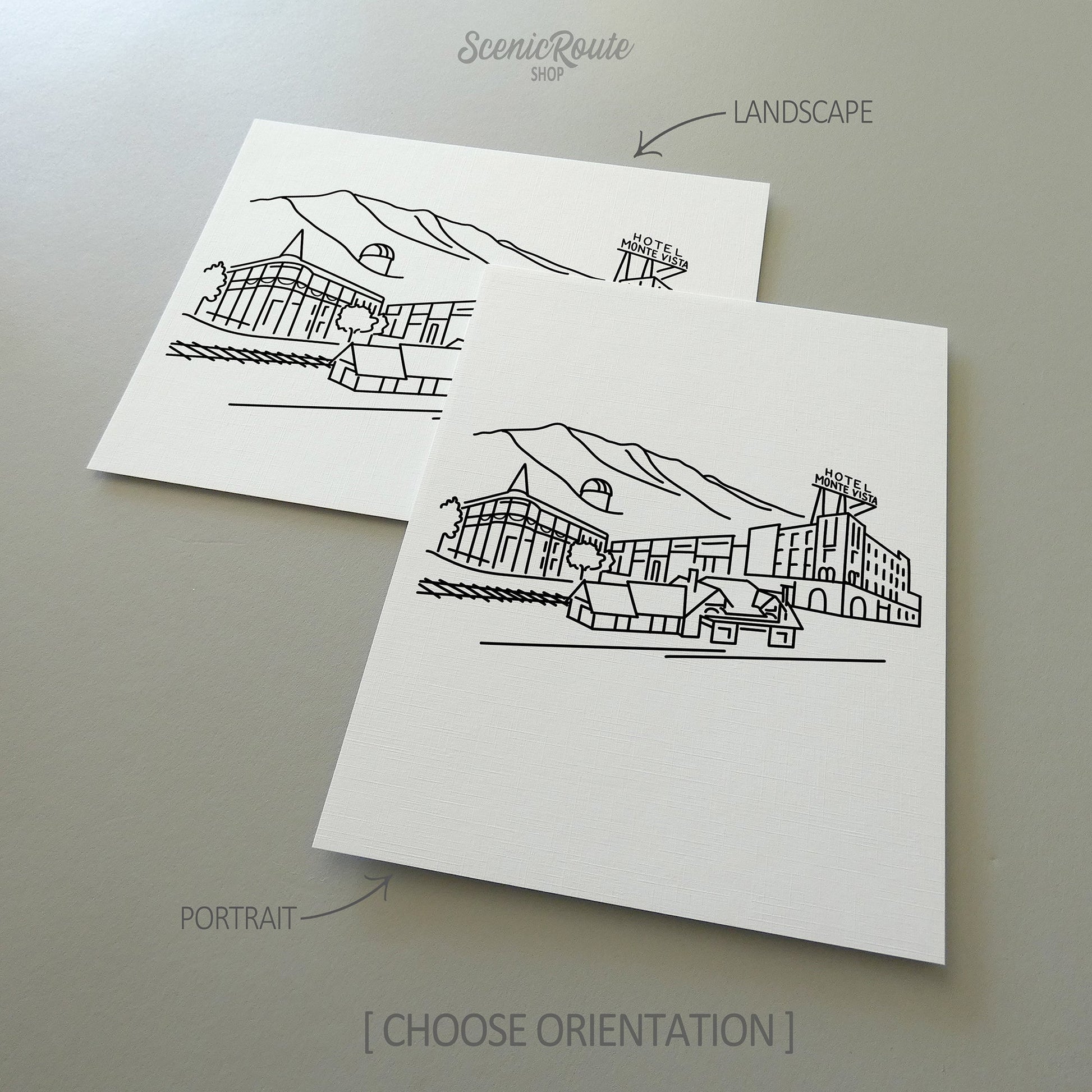 Two line art drawings of the Flagstaff Skyline on white linen paper with a gray background.  The pieces are shown in portrait and landscape orientation for the available art print options.