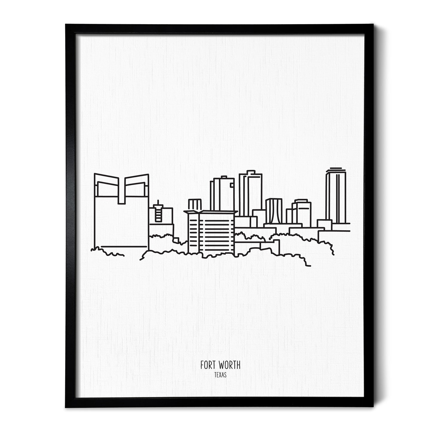 A line art drawing of the Fort Worth Texas Skyline on white linen paper in a thin black picture frame