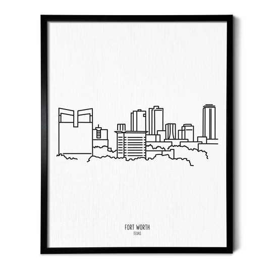 A line art drawing of the Fort Worth Texas Skyline on white linen paper in a thin black picture frame