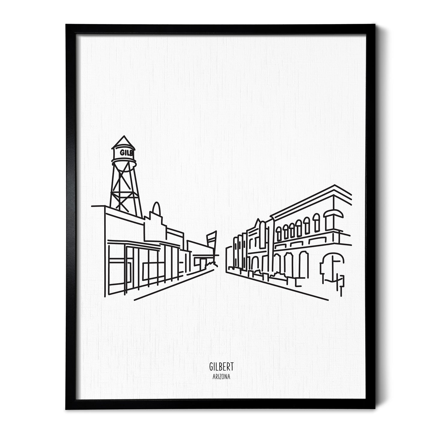 A line art drawing of the Gilbert Arizona Skyline on white linen paper in a thin black picture frame
