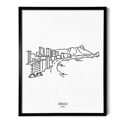 A line art drawing of the Honolulu Hawaii Skyline on white linen paper in a thin black picture frame