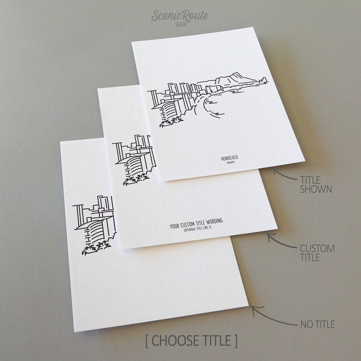 Three line art drawings of the Honolulu Hawaii Skyline on white linen paper with a gray background. The pieces are shown with title options that can be chosen and personalized.