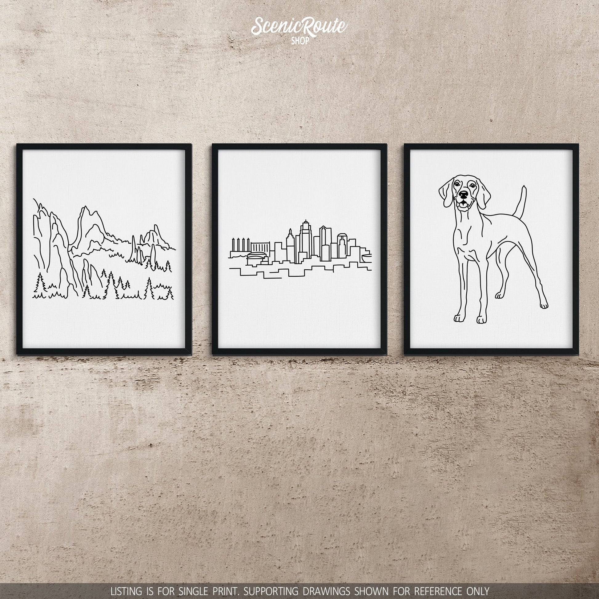 A group of three framed drawings on a concrete wall. The line art drawings include the Garden of the Gods, Kansas City Skyline, and Vizsla dog