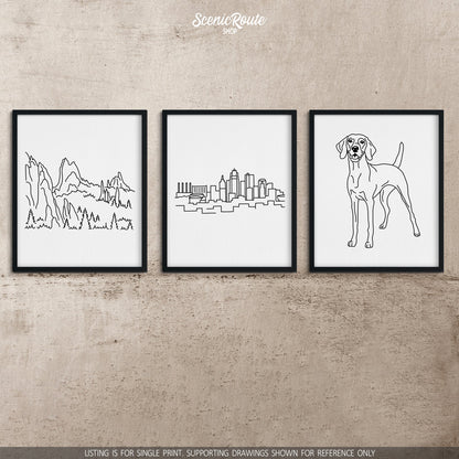 A group of three framed drawings on a concrete wall. The line art drawings include the Garden of the Gods, Kansas City Skyline, and Vizsla dog