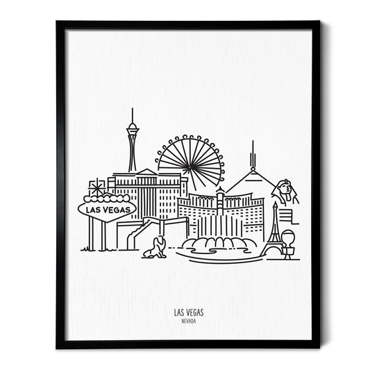 A line art drawing of the Las Vegas Nevada Skyline on white linen paper in a thin black picture frame