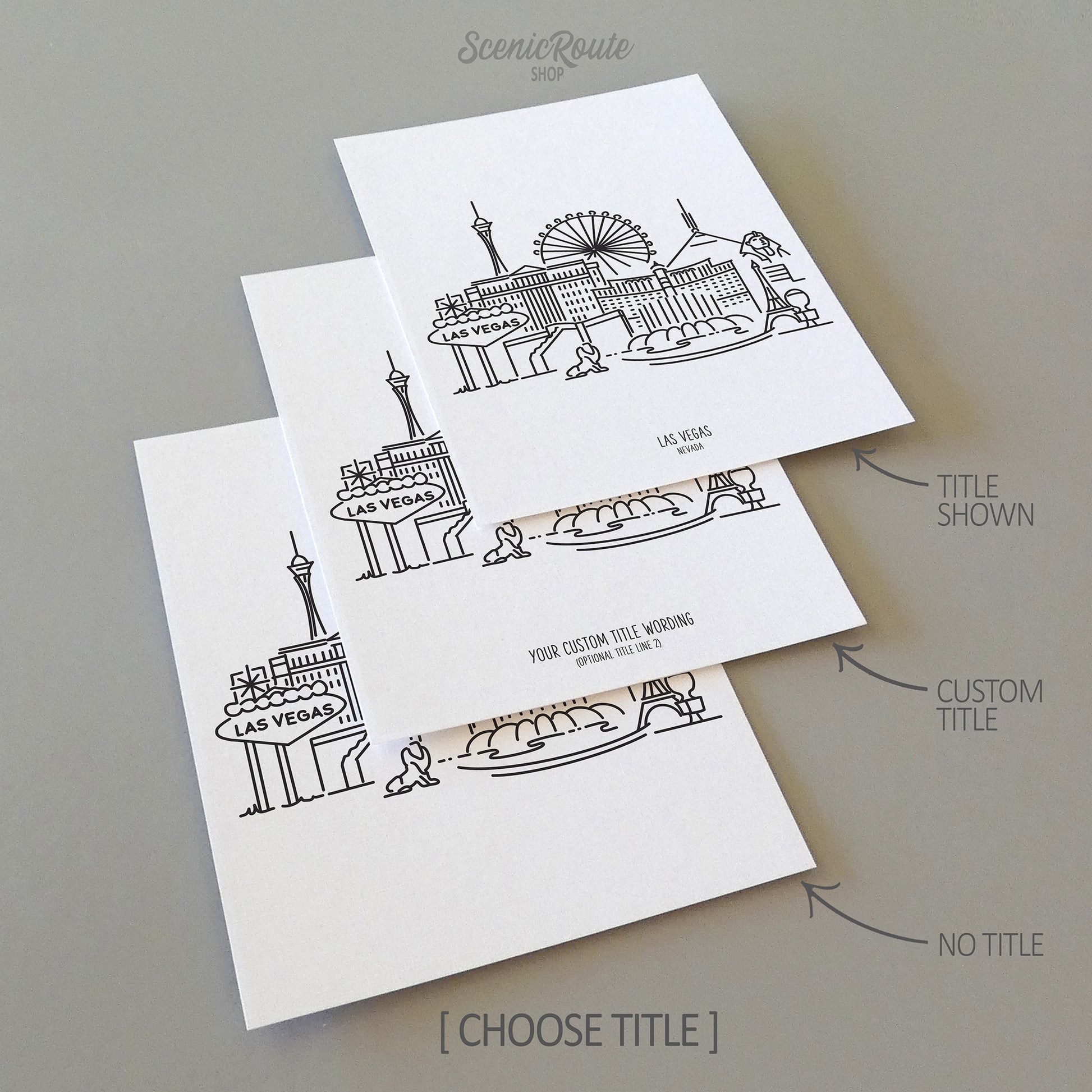 Three line art drawings of the Las Vegas Nevada Skyline on white linen paper with a gray background. The pieces are shown with title options that can be chosen and personalized.