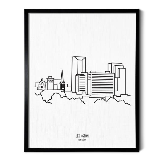 A line art drawing of the Lexington Kentucky Skyline on white linen paper in a thin black picture frame