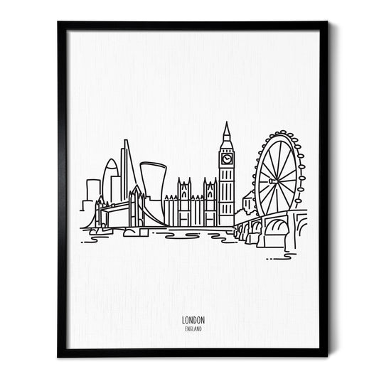 A line art drawing of the London England Skyline on white linen paper in a thin black picture frame