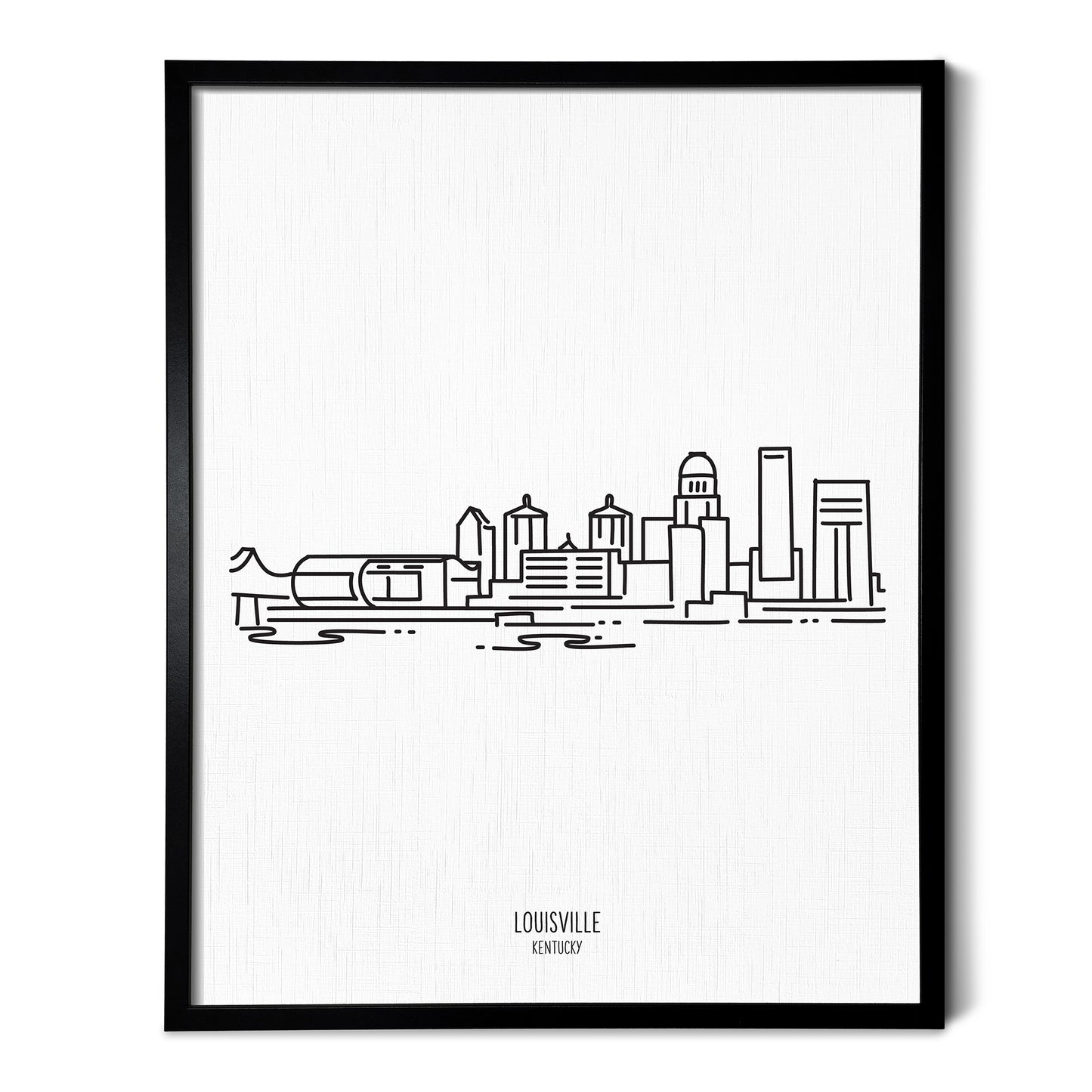A line art drawing of the Louisville Kentucky Skyline on white linen paper in a thin black picture frame