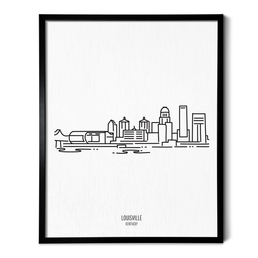 A line art drawing of the Louisville Kentucky Skyline on white linen paper in a thin black picture frame