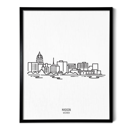 A line art drawing of the Madison Wisconsin Skyline on white linen paper in a thin black picture frame