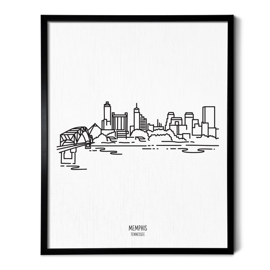 A line art drawing of the Memphis Tennessee Skyline on white linen paper in a thin black picture frame