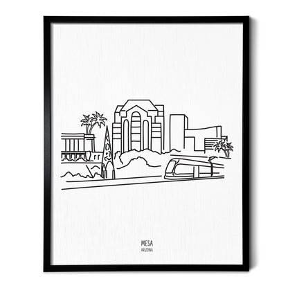 A line art drawing of the Mesa Arizona Skyline on white linen paper in a thin black picture frame