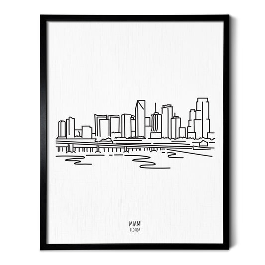 A line art drawing of the Miami Florida Skyline on white linen paper in a thin black picture frame