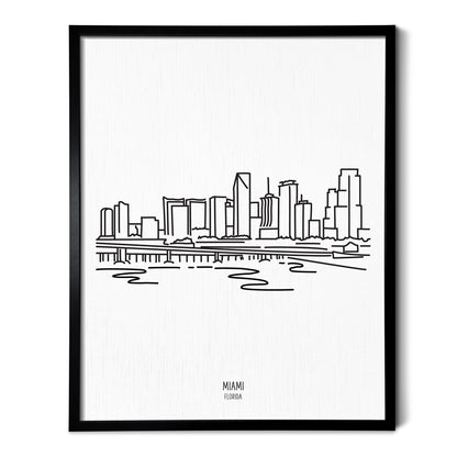 A line art drawing of the Miami Florida Skyline on white linen paper in a thin black picture frame