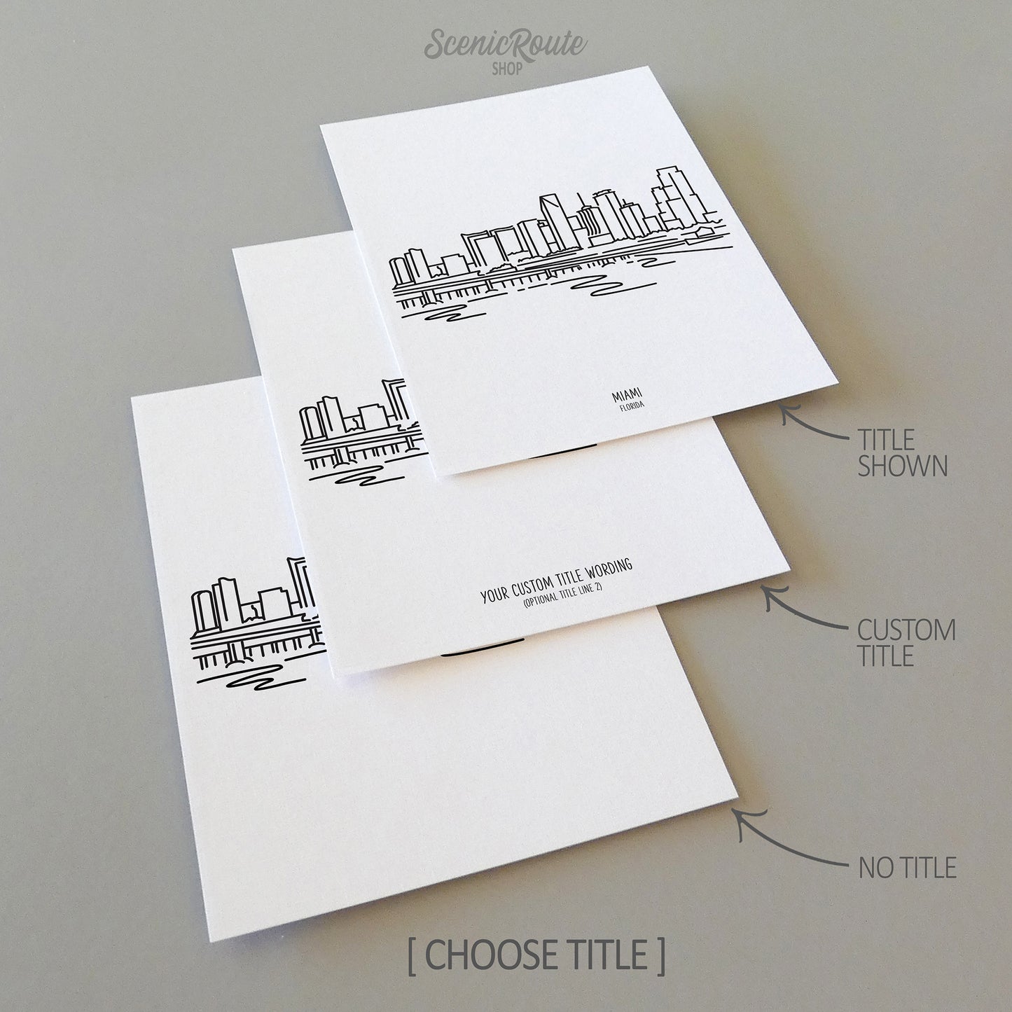 Three line art drawings of the Miami Florida Skyline on white linen paper with a gray background. The pieces are shown with title options that can be chosen and personalized.