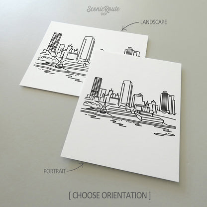 Two line art drawings of the Milwaukee Skyline on white linen paper with a gray background.  The pieces are shown in portrait and landscape orientation for the available art print options.