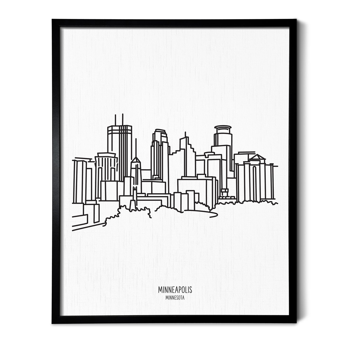 A line art drawing of the Minneapolis Minnesota Skyline on white linen paper in a thin black picture frame