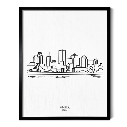A line art drawing of the Montreal Canada Skyline on white linen paper in a thin black picture frame