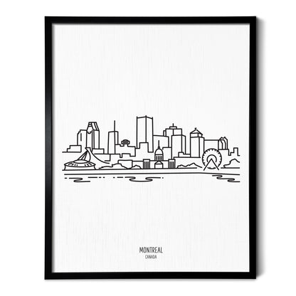 A line art drawing of the Montreal Canada Skyline on white linen paper in a thin black picture frame