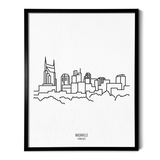 A line art drawing of the Nashville Tennessee Skyline on white linen paper in a thin black picture frame