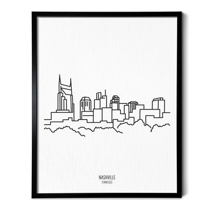 A line art drawing of the Nashville Tennessee Skyline on white linen paper in a thin black picture frame