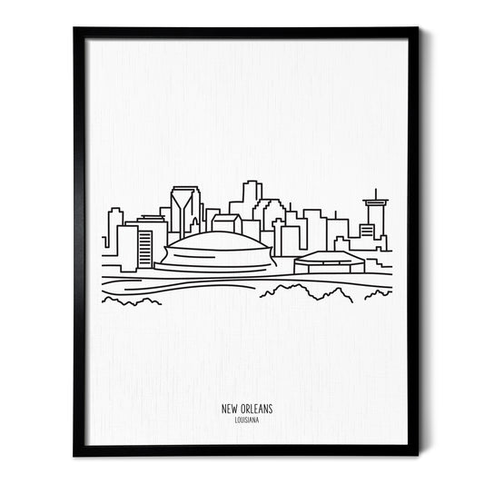 A line art drawing of the New Orleans Louisiana Skyline on white linen paper in a thin black picture frame