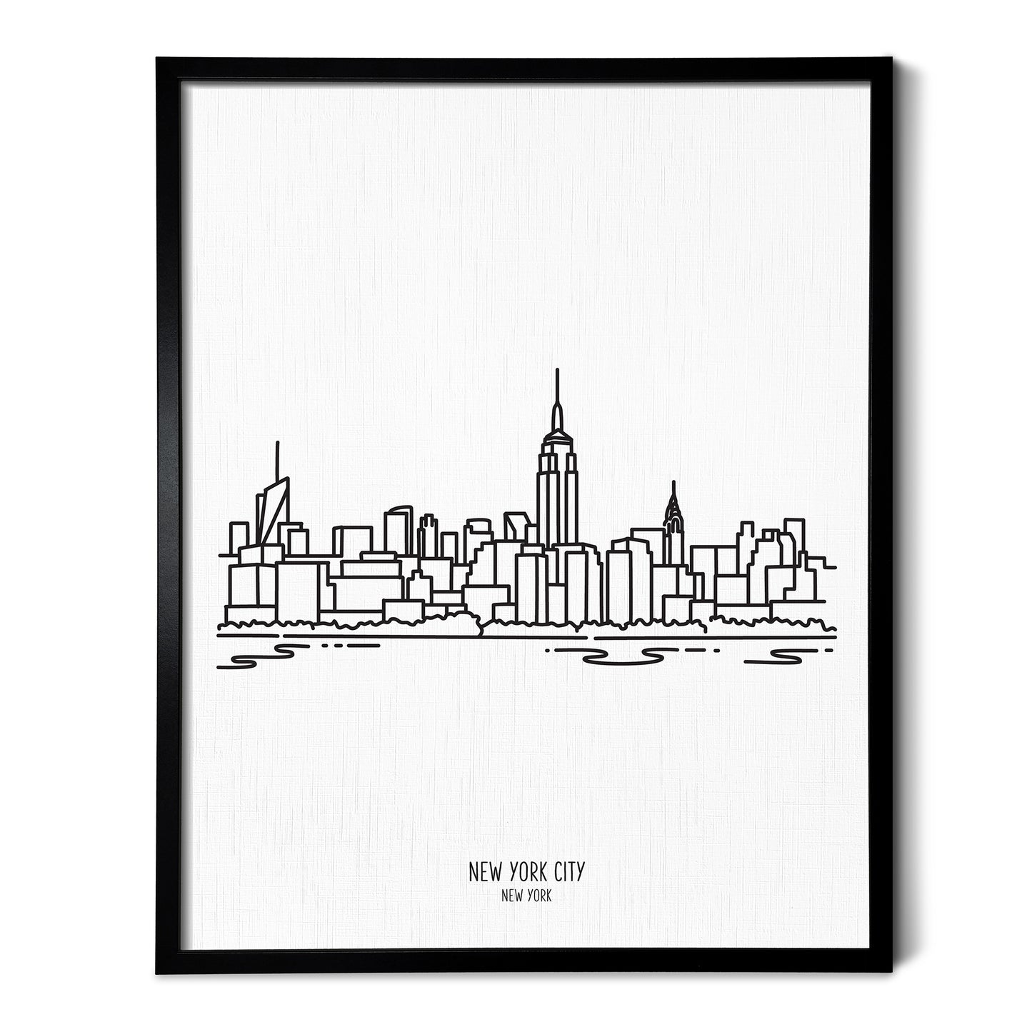 A line art drawing of the New York City Skyline on white linen paper in a thin black picture frame