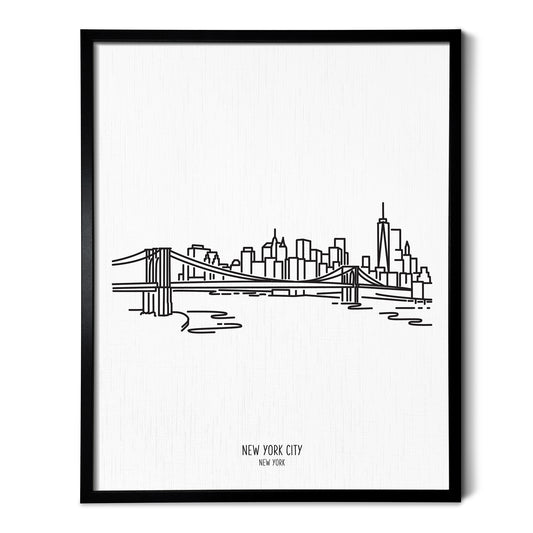 A line art drawing of the New York City Skyline on white linen paper in a thin black picture frame