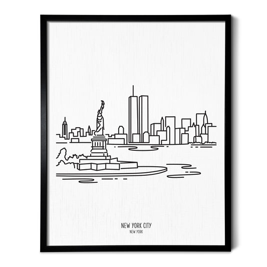 A line art drawing of the New York City Skyline on white linen paper in a thin black picture frame