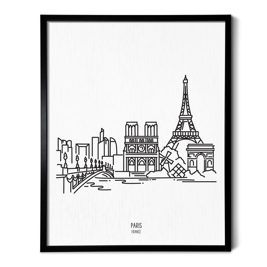 A line art drawing of the Paris France Skyline on white linen paper in a thin black picture frame