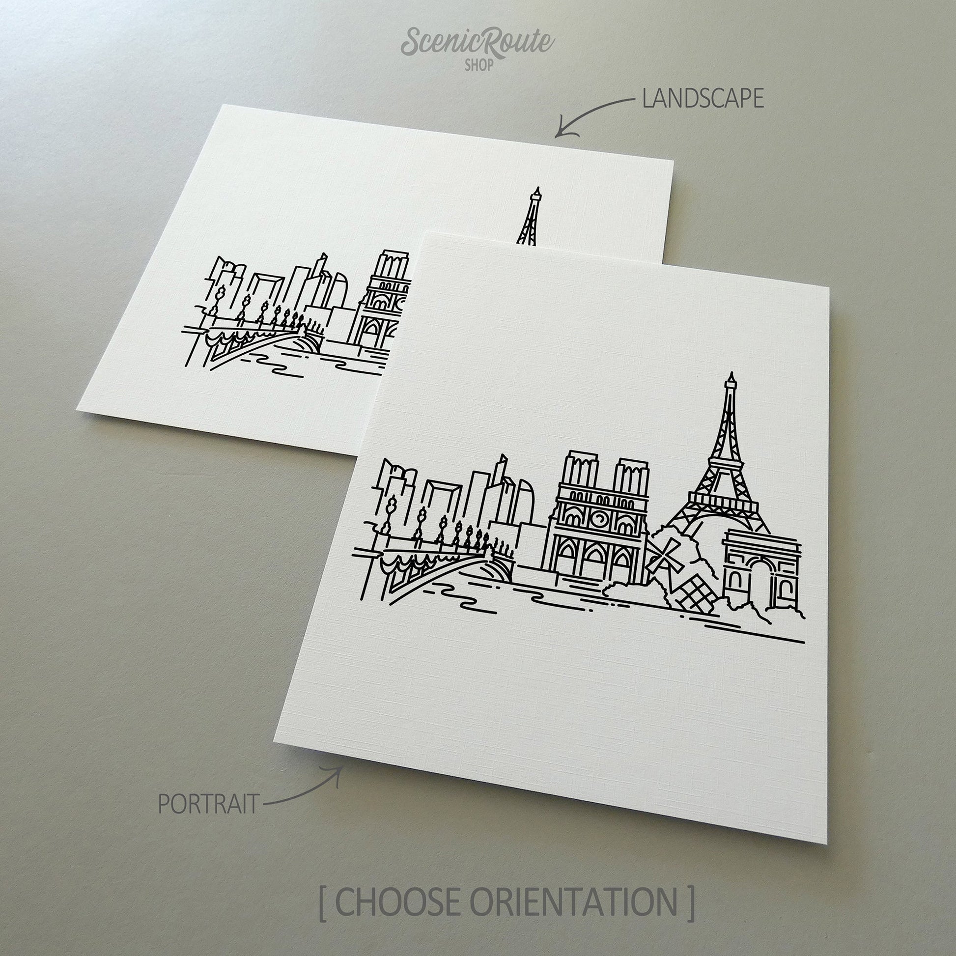 Two line art drawings of the Paris Skyline on white linen paper with a gray background.  The pieces are shown in portrait and landscape orientation for the available art print options.