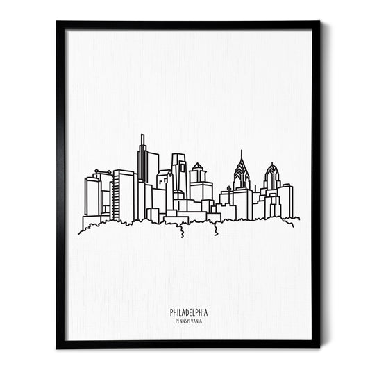 A line art drawing of the Philadelphia Pennsylvania Skyline on white linen paper in a thin black picture frame