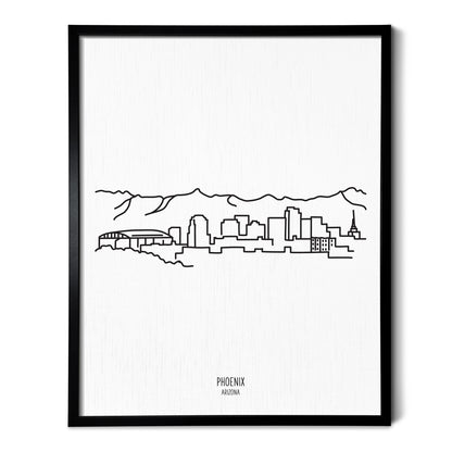 A line art drawing of the Phoenix Arizona Skyline on white linen paper in a thin black picture frame