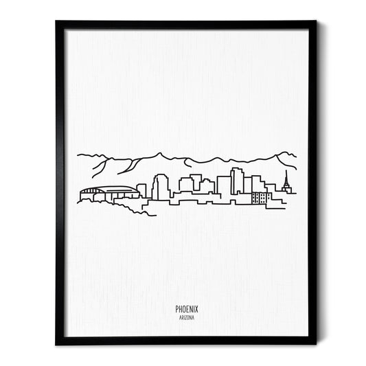 A line art drawing of the Phoenix Arizona Skyline on white linen paper in a thin black picture frame