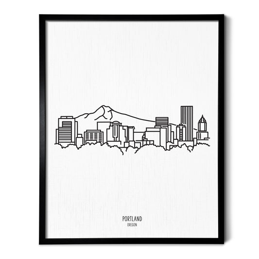 A line art drawing of the Portland Oregon Skyline on white linen paper in a thin black picture frame