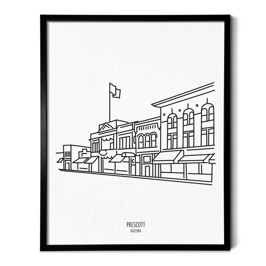 A line art drawing of the Prescott Arizona Skyline on white linen paper in a thin black picture frame