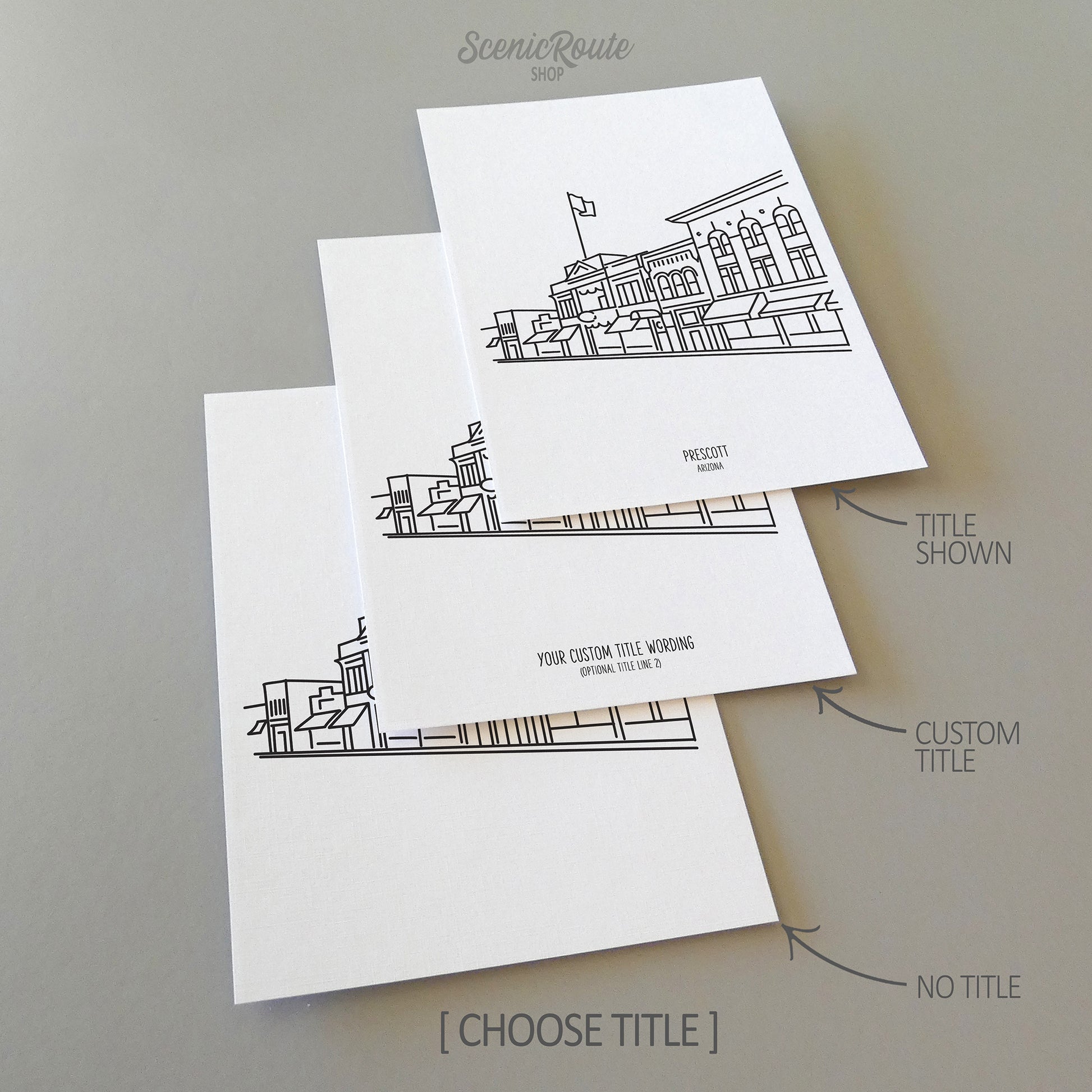 Three line art drawings of the Prescott Arizona Skyline on white linen paper with a gray background. The pieces are shown with title options that can be chosen and personalized.