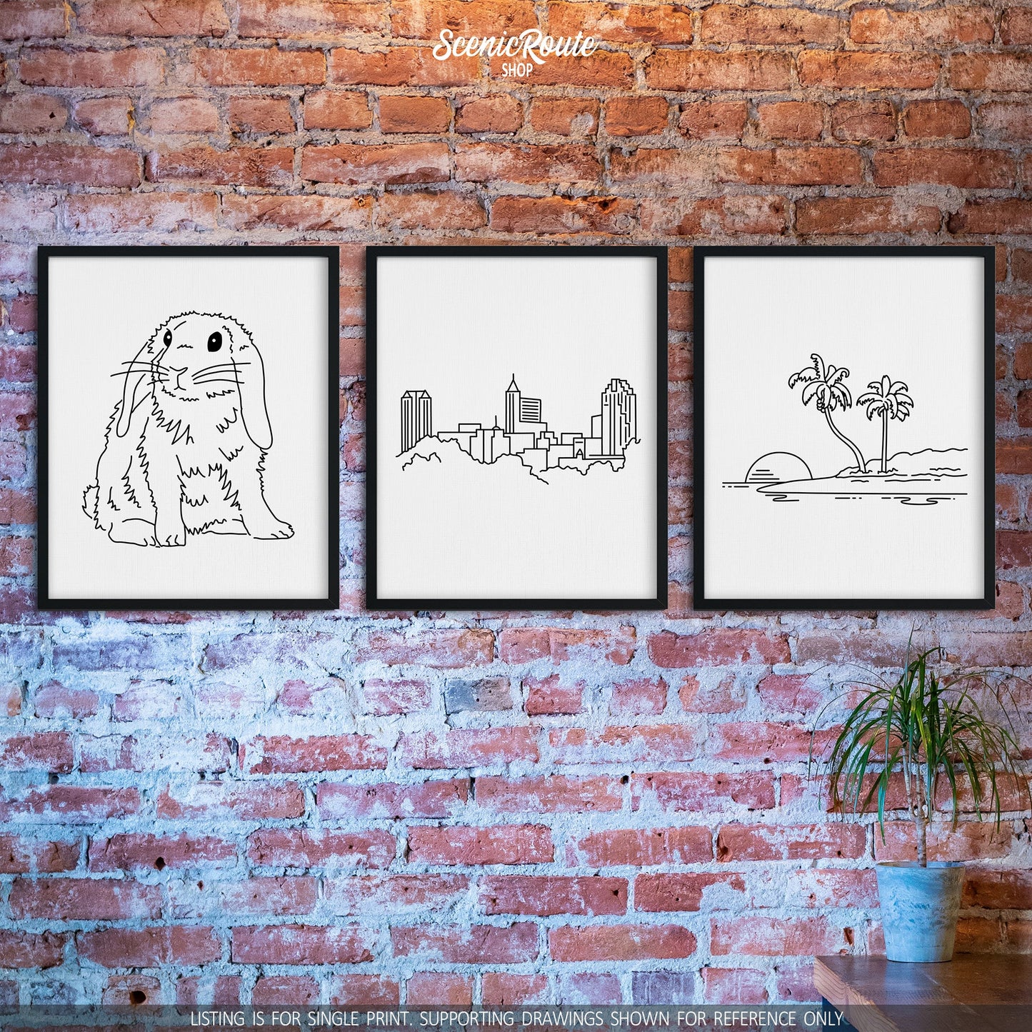 A group of three framed drawings on a brick wall. The line art drawings include a Mini Lop Rabbit, Raleigh Skyline, and Island