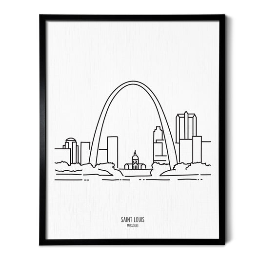 A line art drawing of the Saint Louis Missouri Skyline on white linen paper in a thin black picture frame