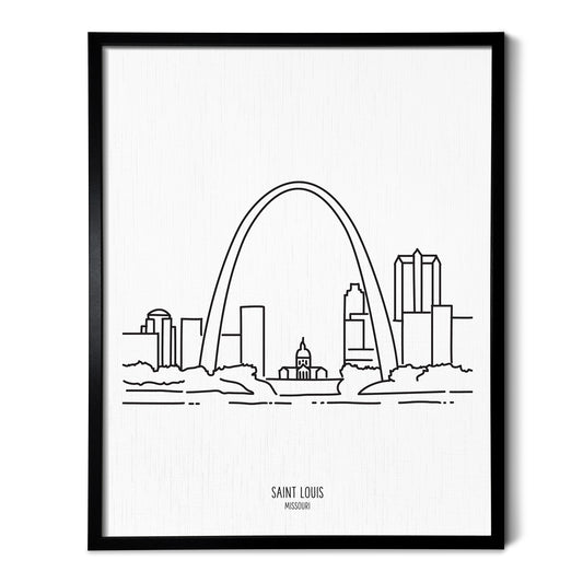 A line art drawing of the Saint Louis Missouri Skyline on white linen paper in a thin black picture frame