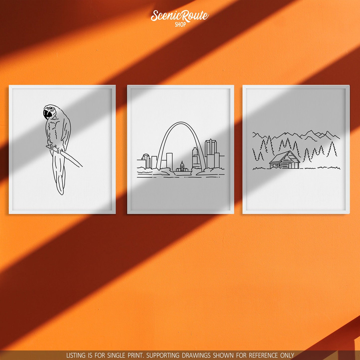 A group of three framed drawings on a orange wall. The line art drawings include a Parrot, Saint Louis Skyline, and Cabin