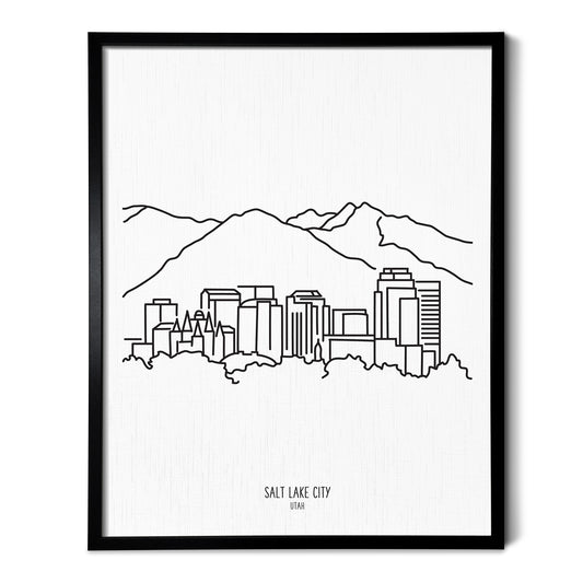 A line art drawing of the Salt Lake City Utah Skyline on white linen paper in a thin black picture frame