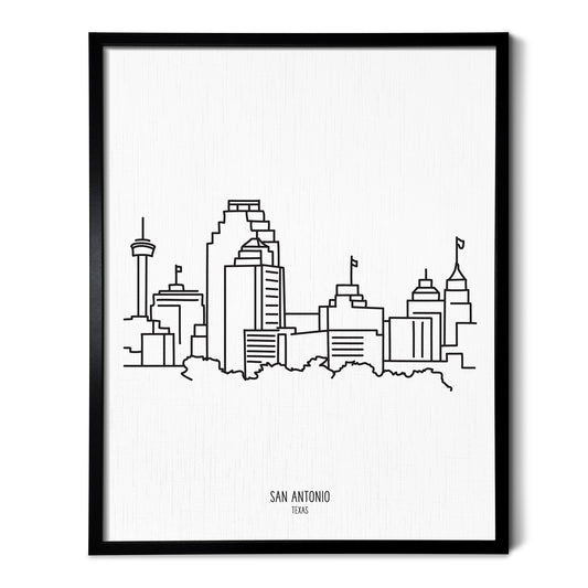A line art drawing of the San Antonio Texas Skyline on white linen paper in a thin black picture frame